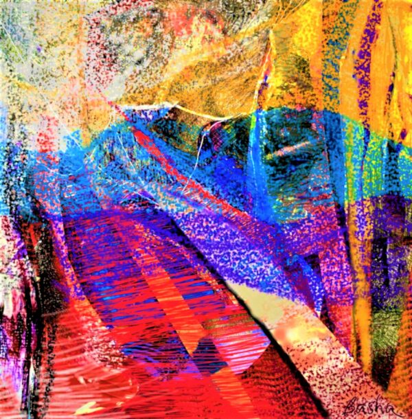 abstract painting with multi-colored horizontal swathes giving a look of woven tapestry