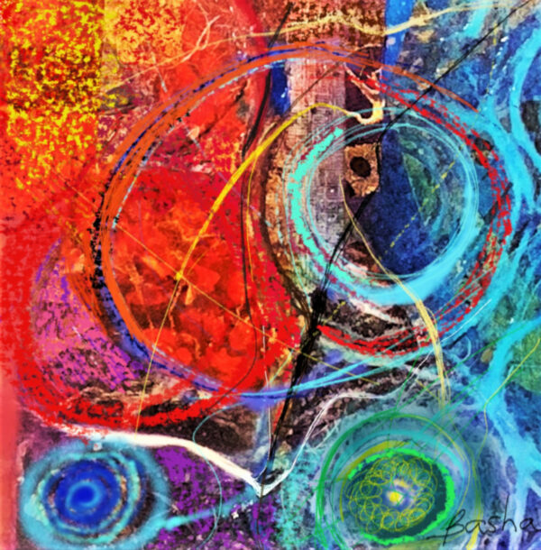 abstract work with circular and swirls blues/greens and background red/yellow.