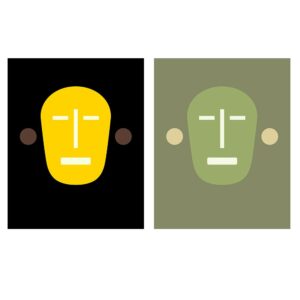 minimalist mask like face with slits for eyes, nose and mouth and circles for ears. One image in yellow and one in green