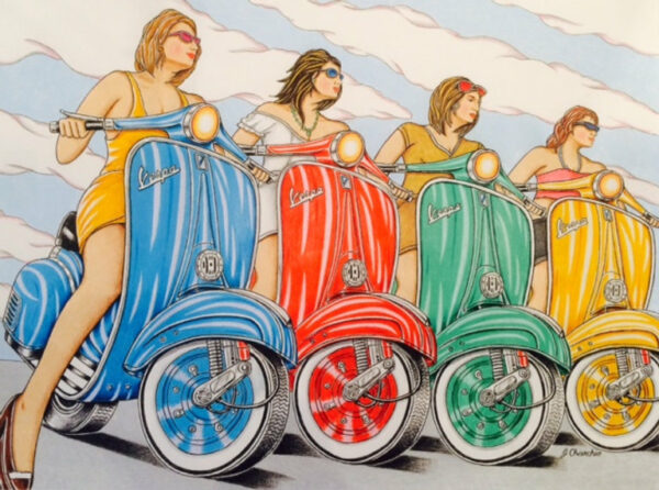 Drawing of a line of 4 women on Vespa bikes. Each bike is a different color, blue, orange, green and yello
