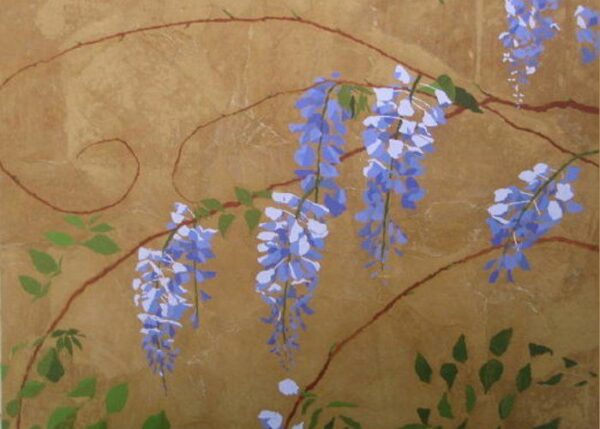 painting of wisteria flowers on a brown background and a few green leaves rising from below