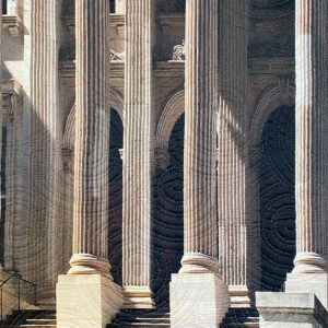image of wide steps, tall columns and arched doorways, printed on cloth and quilted