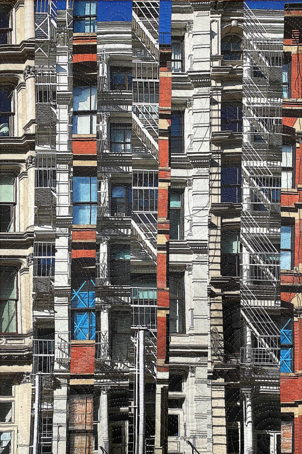 collaged imaged of NY buildings printed on fabric and quilted