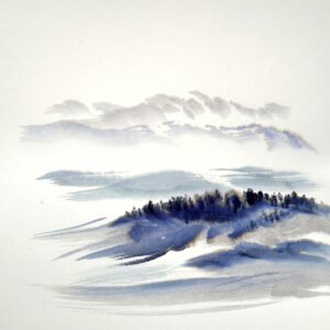 ink wash on paper depicting snowy mountains and a forest to the foreground