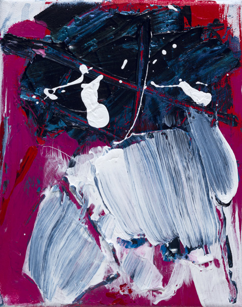 Abstract painting with a red berry background, black and white swathes of color on the front