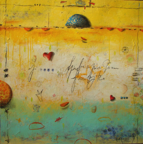 expressionist work mainly in yellows at the top and blue/green at the bottom with hearts, balls, writing and symbols sparsely spread throughout the painting