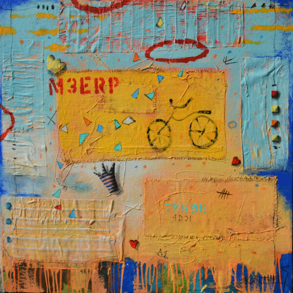 expressionist work mainly in blues and yellows, with red words and some graphics. - main image of bicycle in the center of work