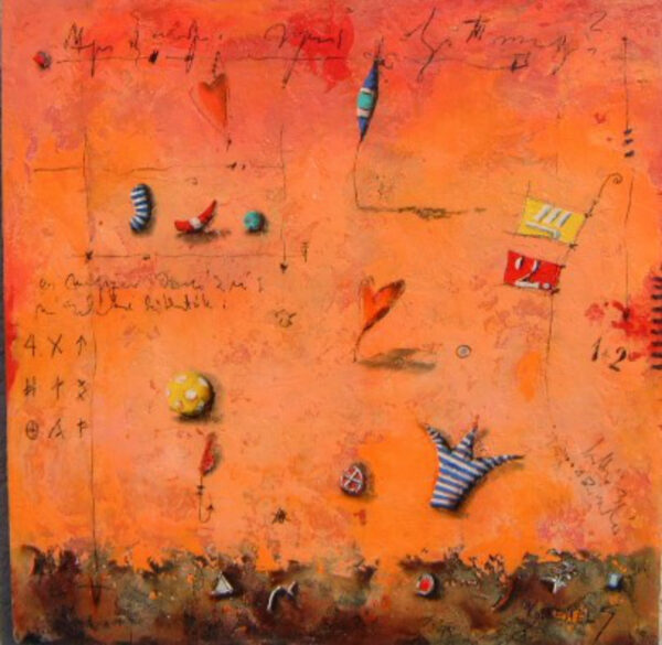 expressionist work mainly on an orange background with a little brown earthlike edge at the bottom. Small drawings of knickknacks and symbols spread evenly over the work