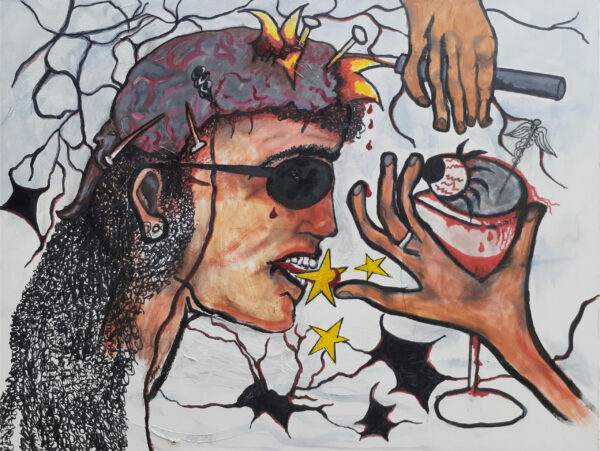 side portrait of a person with dark glasses and two hands in front of the face. One with a glass with an eyeball in it. background of stars and leaves
