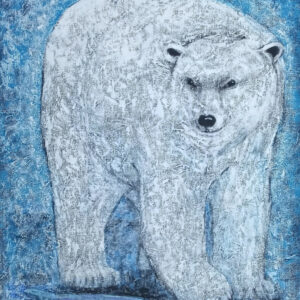 blue speckled background with a large white polar bear