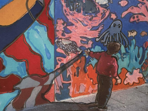 painting of a child walking along a sidewalk trailing a hand along the wall covered in a mural
