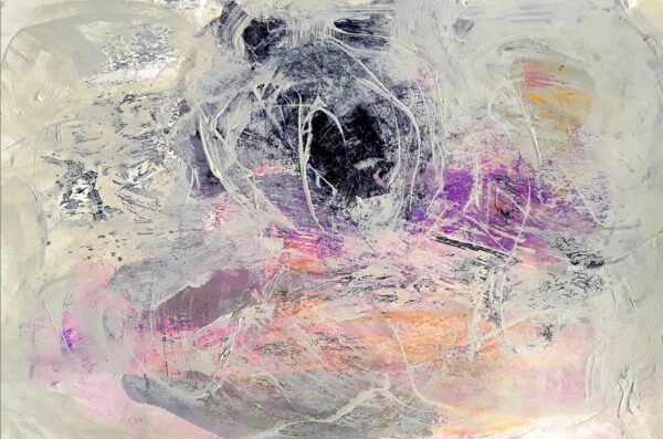 abstract work with a purple, peach and black background, overlaid with white