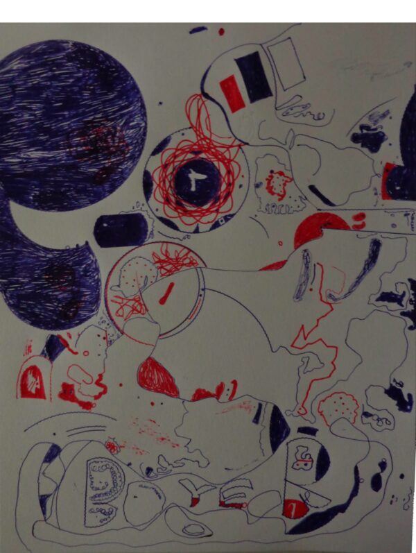 Drawing of abstract amorphic images in red, blue and black pens