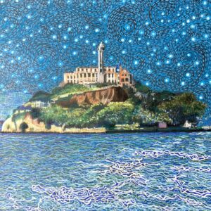 Alcatraz on a starry night. Blue waters arounxd the island and a dark blue starry sky in the background