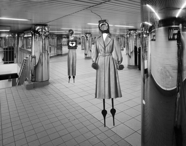 digital work with a photograph of a subway corridor with expressionist figures with stick legs