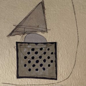 geometric shapes representing a boat in grey on a tan background