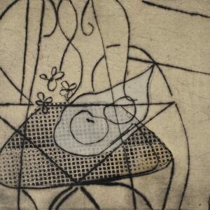 expressionistic image of a garden chair in black on a tan background