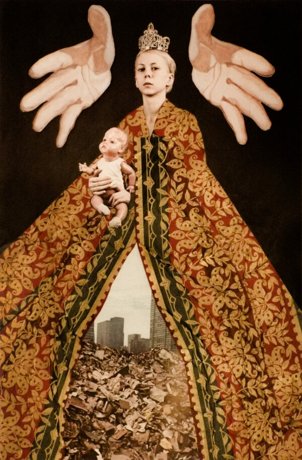 a regal person in a decorated brown robe, with rubble and buildings peaking out of the bottom, a baby floating near the head of the person and two hands open palmed on either side of the head
