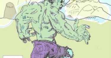 Drawn cartoon of the Hulk standing on a rock with mountains behind him asking "Jack Kirby I presume? in a speech bubble