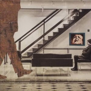 digital photograph of a oversized person walking (showing torso and legs) in a room with sofa, chairs a painting and staircase