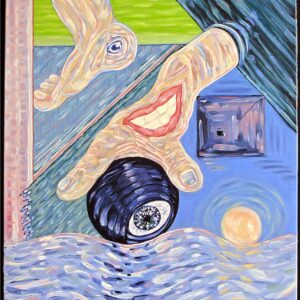 expressionist image with a foot, hand, ball with an eye, another ball on water and block
