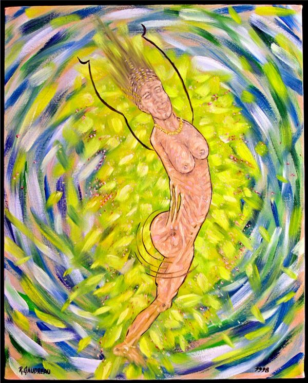 expressionistic image of a naked woman without arms and one leg with a swirling yellow, green and blue background
