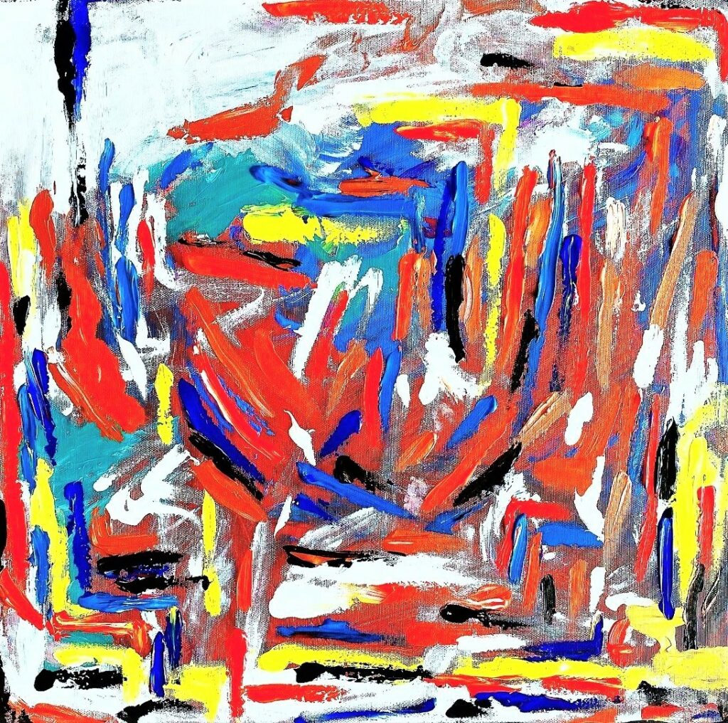 abstract paintings with dashes of red, tan, black, white, yellow and blue strokes covering the total canvas