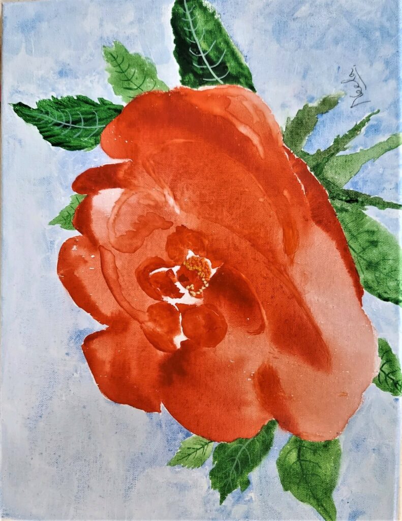 wash painting of a red flower with green leaves on a pale blue backgoround