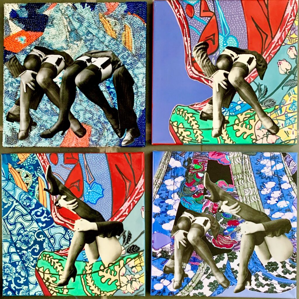 4 paintings in a quadrant showing ladies' legs with groping men's hands on patterned multicolored backgrounds