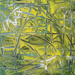 abstract expressionistic image of yellow background and silver strokes