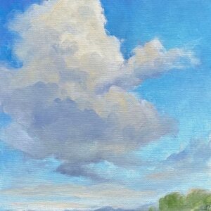 Painting of cloud formations in a blue sky with some green trees in the bottom right corner