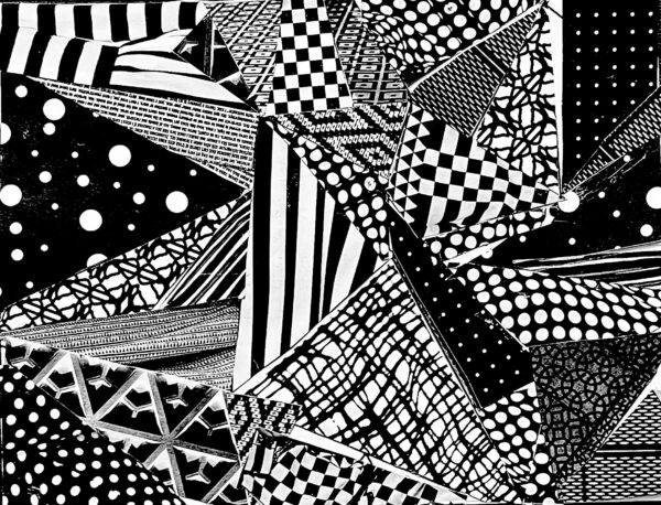 black and white collage of triangular pieces of paper