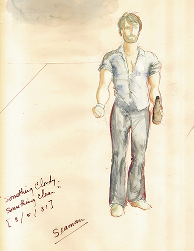 a watercolor of a man with a blue shirt and pants holding a bottle in his left hand, all on a brown wash background