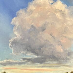 Oil painting of clouds in the blue sky with the crimson of the setting sun with a few dots of green trees at the bottom of the painting.
