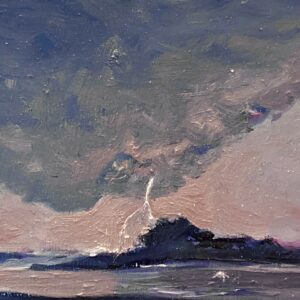 An oil painting of a dark cloud and lightening hitting a headland.