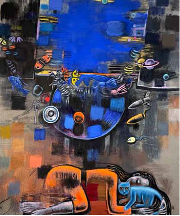 painting of a blue fish tank and a table with torpedos, zebras, fish and spaceships above, a woman with a cat cuddling at the bottom
