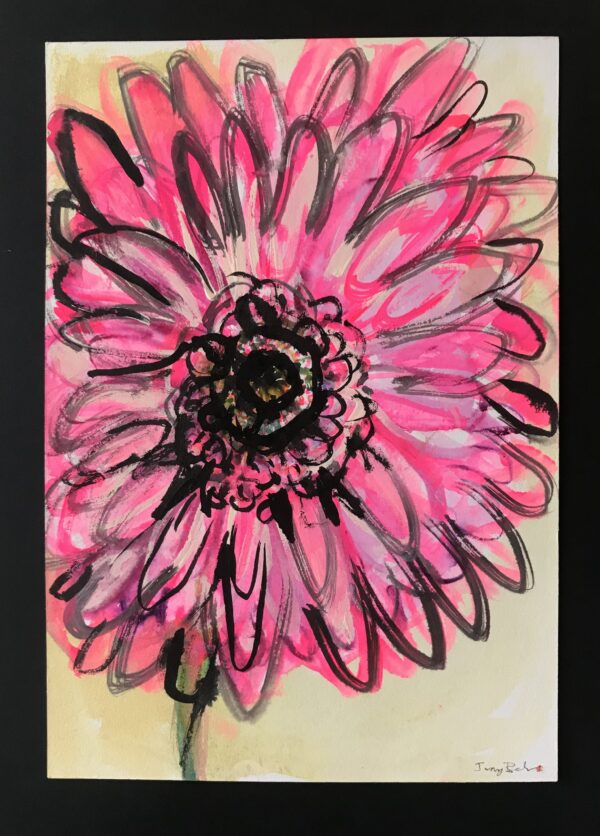 Pink gerbera-like flower and short stem on a yellow background