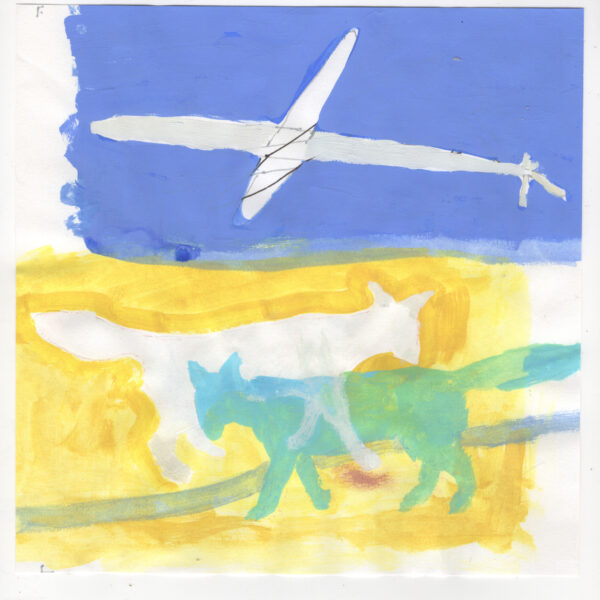 painting of a plane in the sky and animals on the ground with a yellow background