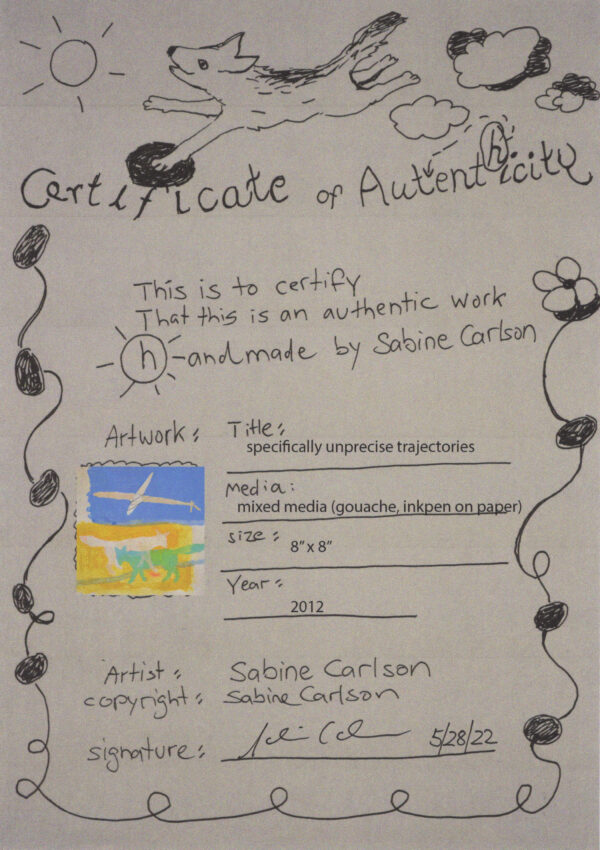 handwritten certificate of authenticity with painting details