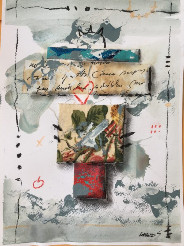 Mixed media abstract work with writing, boxes, hearts and srolls