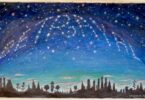 A stylized painting of trees and cityscapes silhouetted at the bottom with a blue night sky about with lots of stars. The stars spell out Betrayal
