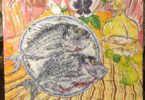 Painting of two fish on a plate