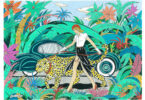 painting with car, a woman dressing in a white top and black skirt, red beret walking with a jaguar in a jungle