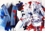abstract expressionist painting featuring blues, reds and white