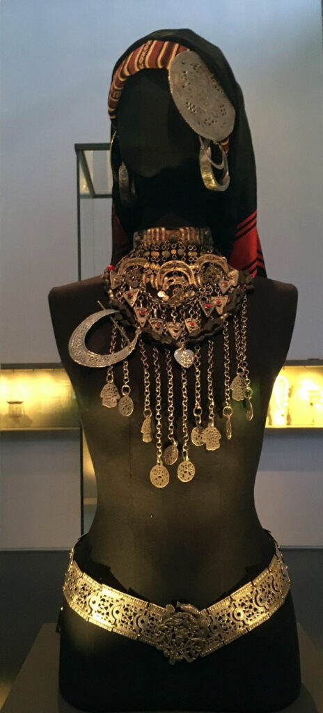 Jewish brides in Djerba (Tunisia) were covered in layers of jewelry, including gold discs that resembled coins, and which could be used as currency in times of stress. Jews first settled in Tunisia nearly 2,500 years ago. Israel Museum in Jerusalem