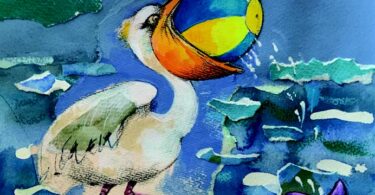 “Pelican with a Ball,” 2022. Watercolor and collage, 10 x 8. Illustration for “A Day at the Beach” by Alexi Natchev, IWonder Books, 2022. Collection of the artist. © Alexi Natchev